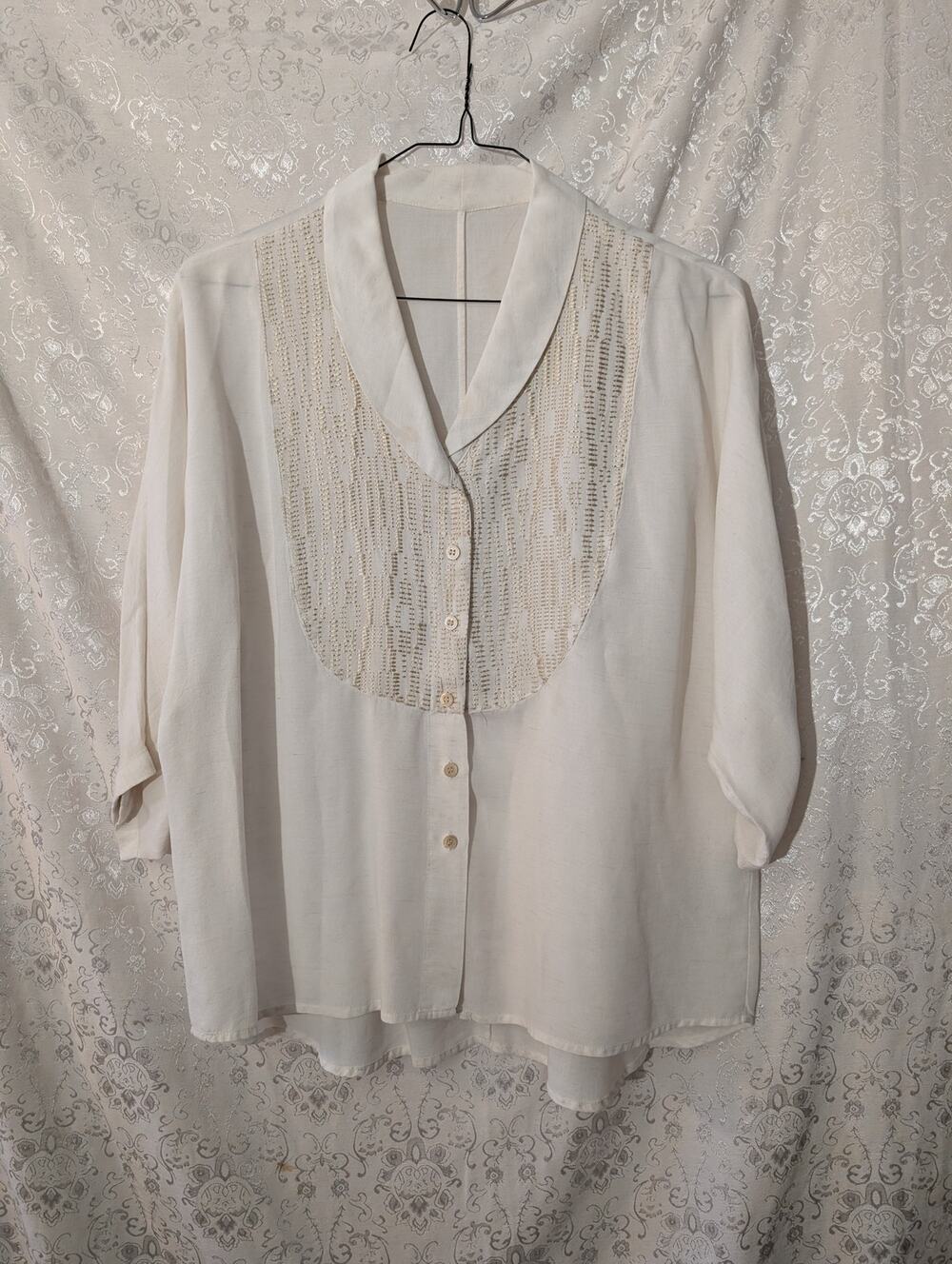 Poetry Cream Woven Linen Blend Blouse Collar Embroidered Bib Shirt XL
